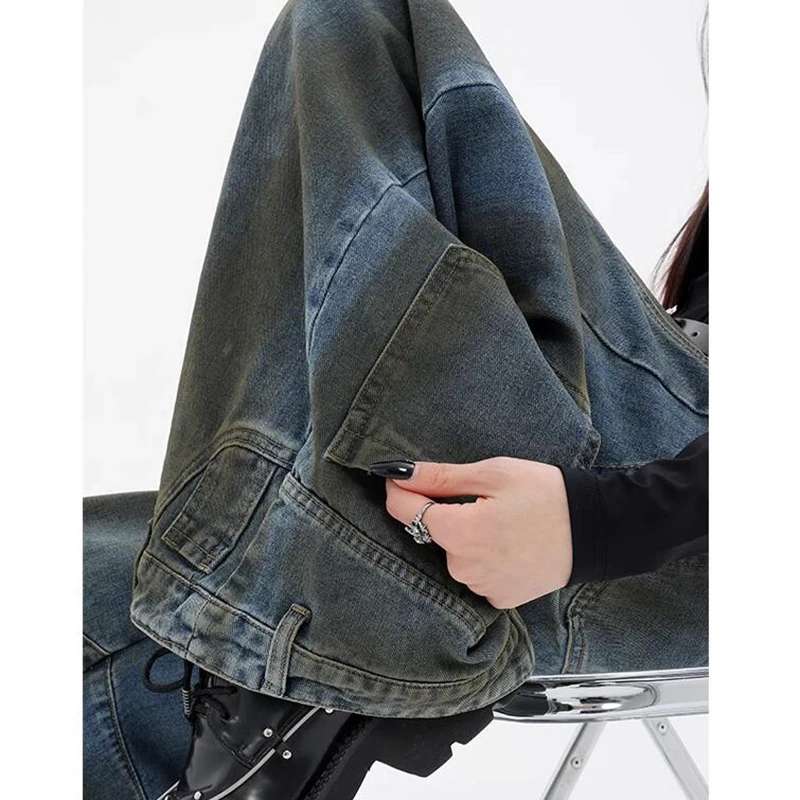 Vintage Ripped Holes Cargo Pants Women High Waist Wide Leg Casual Denim Pants Washed Baggy Pants Y2K Trousers Streetwear Jeans