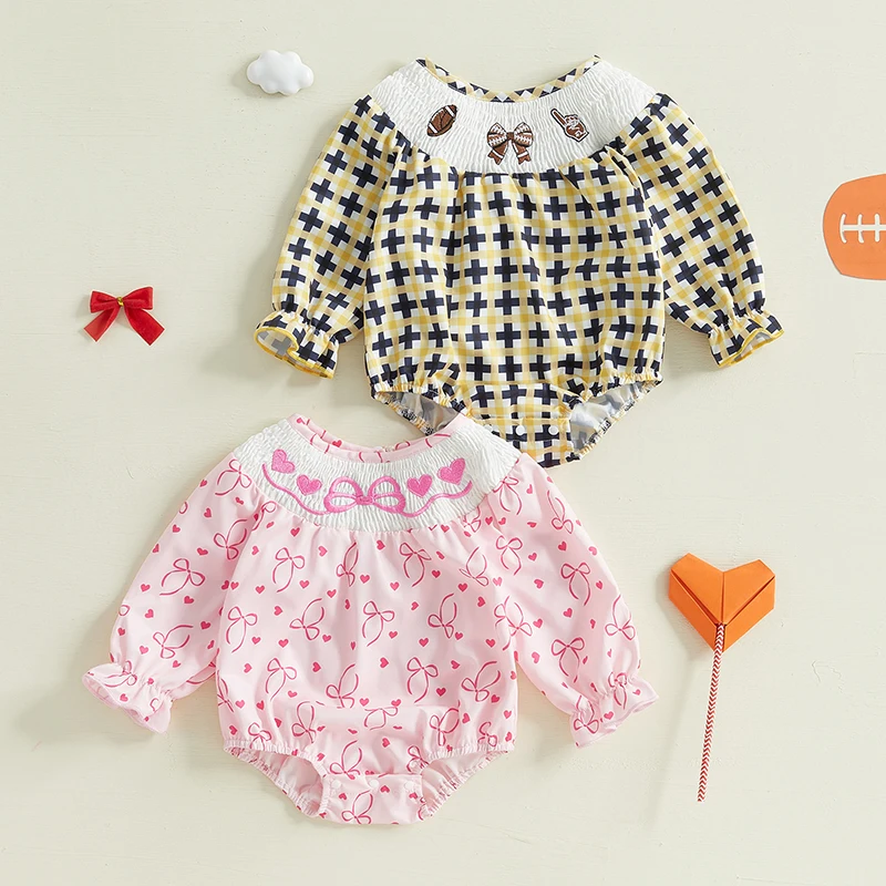 

Baby Girl Shirred Bodysuit Bow Football/Heart Long Sleeve Romper Cute Spring Clothes