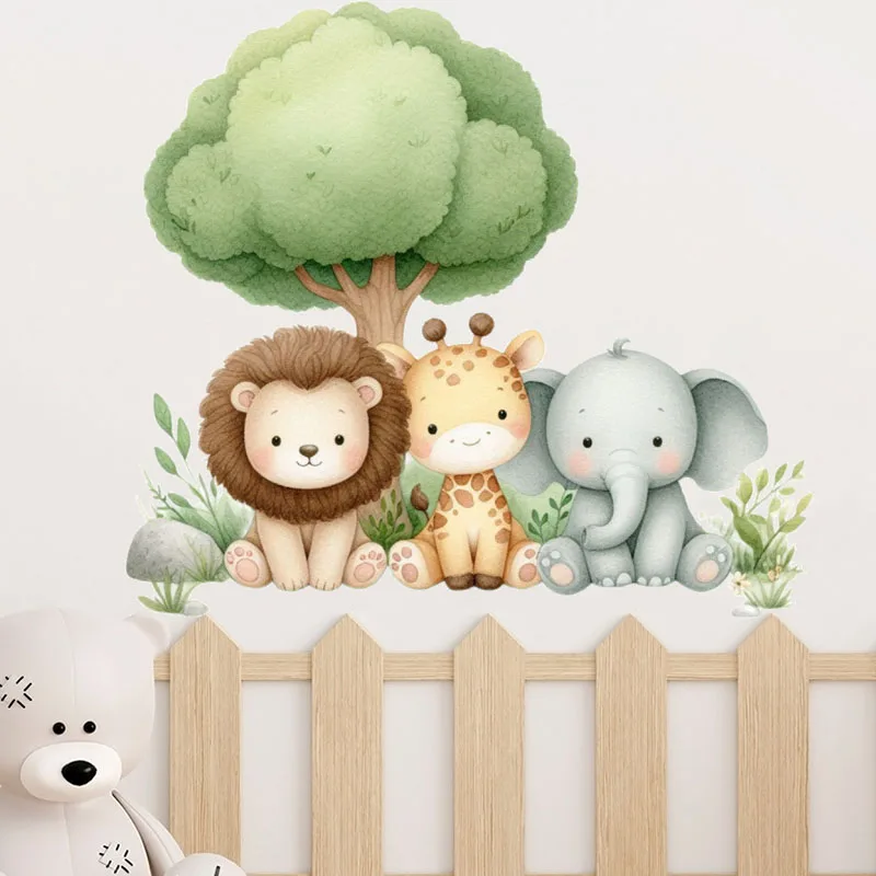Cartoon Forest Animals Wall Stickers for Kids Rooms Boys Girls Baby Room Decoration Nursery Wallpaper Giraffe Elephant Lion Tree
