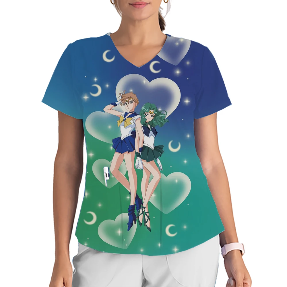 

Women's Sailor Moon Print Nurse Work Uniform Tops Women's Fashion Short Sleeve Fun V-Neck Print Scrub Top with Pockets