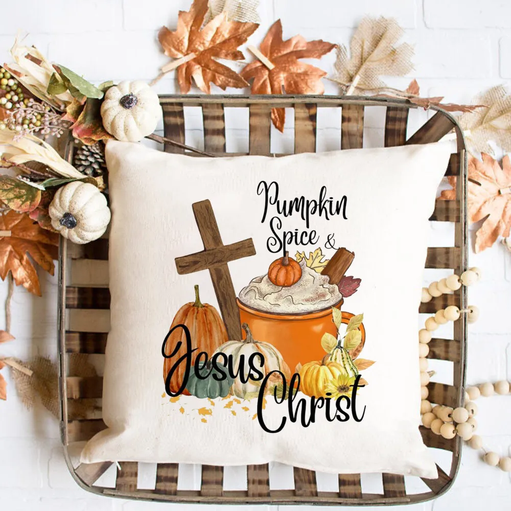 Fall Holiday Decor Couch Cover Pillowcase Pumpkin Spice Jesus Christ Print Home Decoration Boho Autumn Pillow Case Fall Cushion