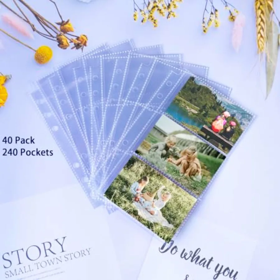 40 Pack 240 Pockets A6 Binder Business Card Sleeves UltraClear Kpop Photocard Sleeves Double Sided 3 Pocket 6 Ring Planner Refi