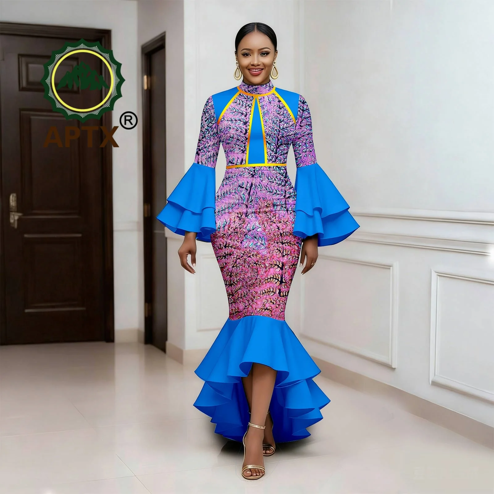 

African Dress for Women Ankara Print Half high collar Long sleeve Mid-Calf Dress Dashiki Elegant fashion Casual Party Dress