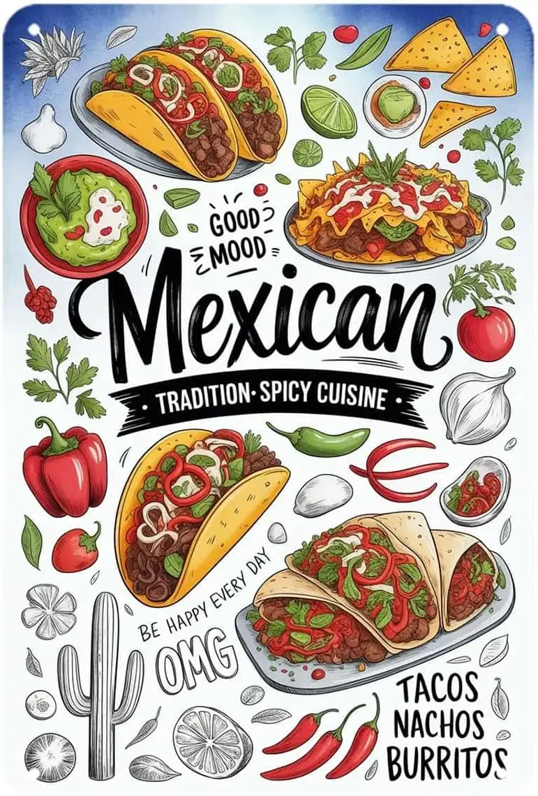 Mexican Food Tacos Nachos Burritos Tin Sign Traditional Spicy Cuisine Theme Vintage Metal Signs Wall Decor for Kitchen Bar Cafe