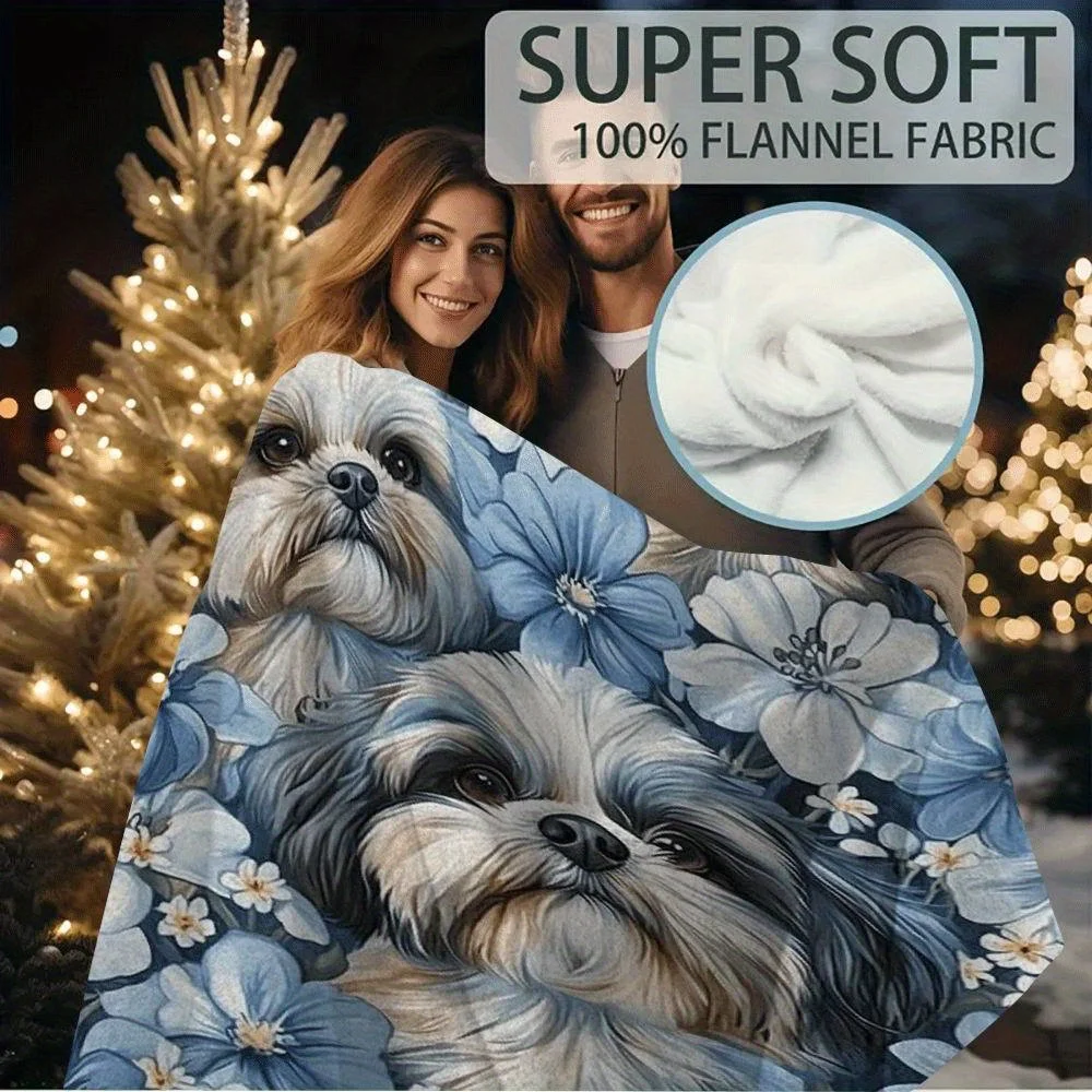 1pc Vintage Style Shih Tzu Dogs Blanket, 60x80inch Single-Sided Print, Seamless Pattern with Realistic Shih Tzu and Blue Flowers