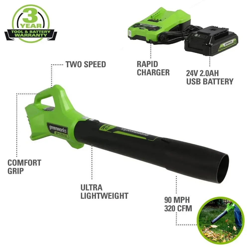 Greenworks 24V Cordless Axial Blower (90 MPH / 320 CFM) , 2Ah USB Battery and Charger