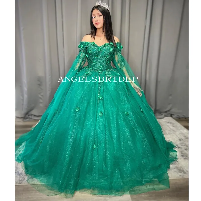 

Angelsbridep Green Ball Gown Quinceanera Dresses 15 Year Old Party Formal 3D Flower Lace Appliques Birthday Princess Gown