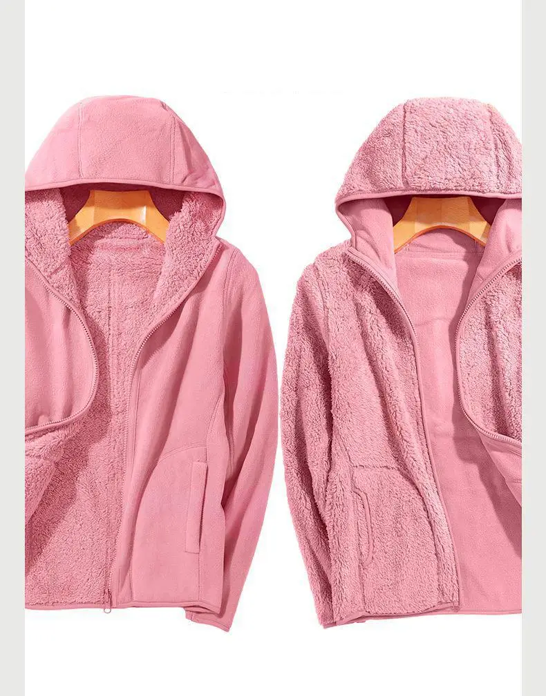 Zip-up Hooded Double-sided Wear Flannel Sweatshirt Women Thick Slim Fleece-lined Jacket Outdoor Sports Y2k Autumn Winter Coat