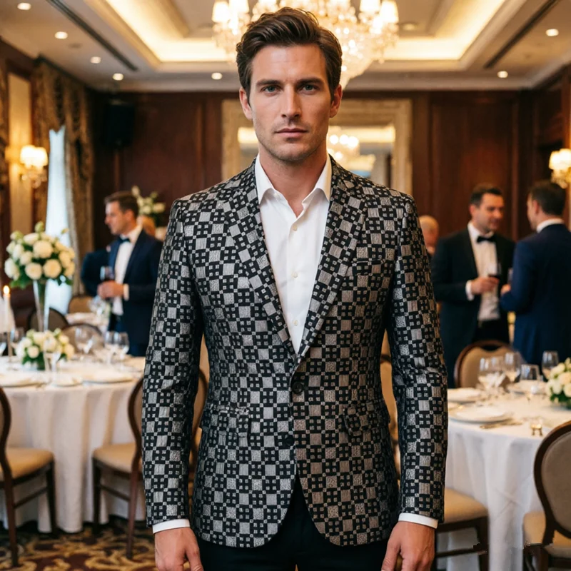 New Men Business Party Suit Jacket Black / Green / Red Fashion Male Wedding Dance Jacquard Slim Fit Blazer Coats