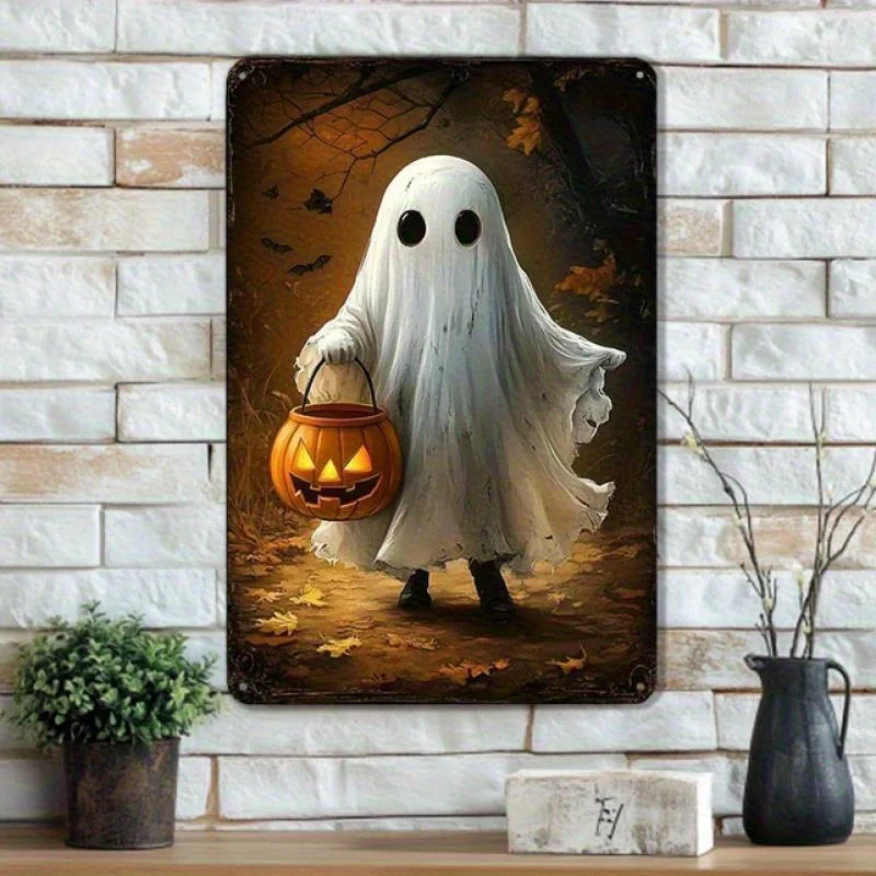 Halloween Iron Wall Art Decor - Friendly Pumpkin & in Autumn Forest Scene, Rustic Metal Spooky Season Decoration for Bathroom,