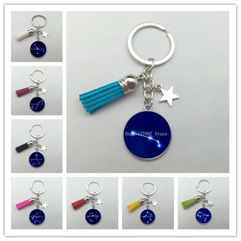 

New Design Zodiac Glass Cabochon Keychain Star and Fringe Keychain Car Bag Charm Friendship Couple Gift DIY Jewelry Gift