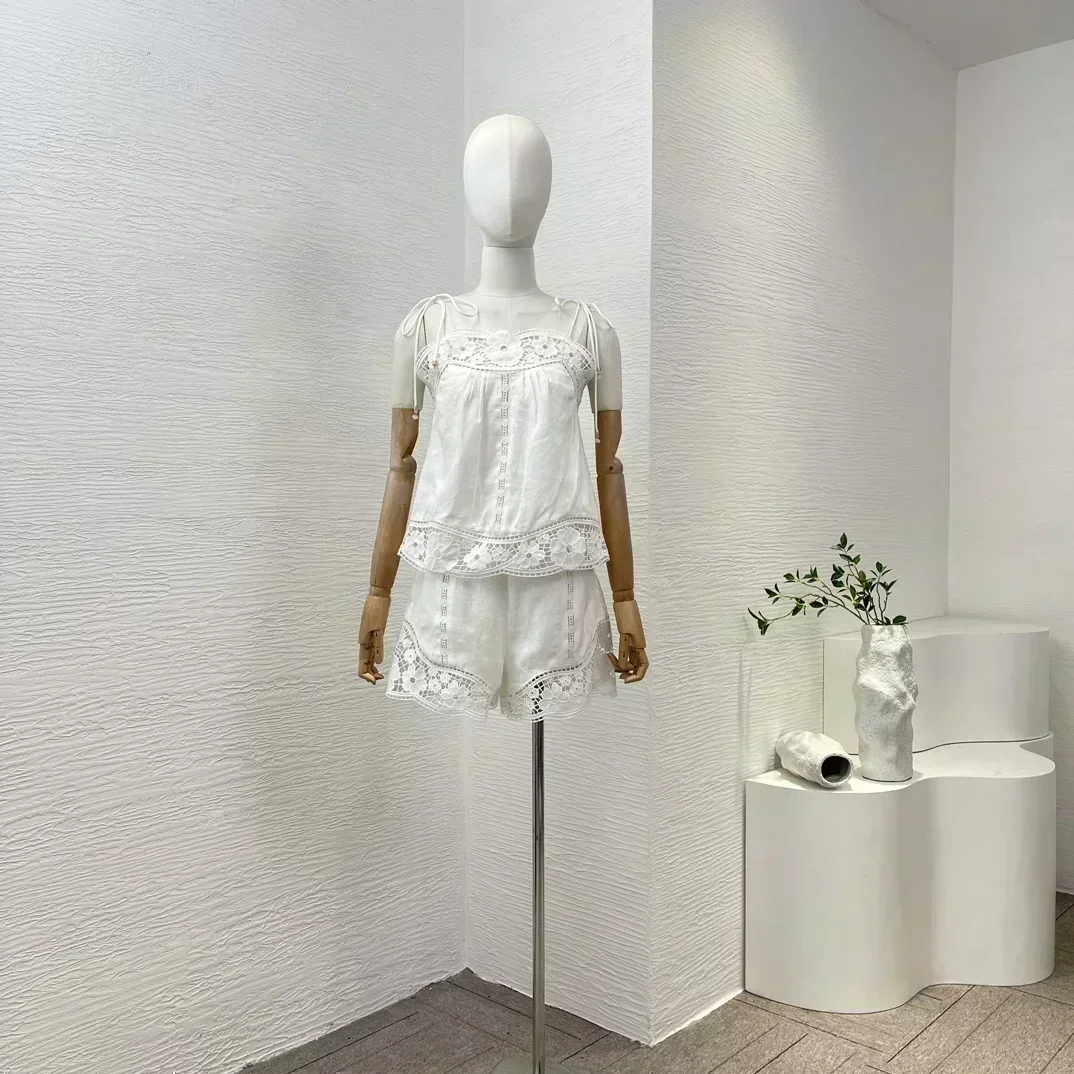 

White Hollow Out Flowers Embroidery Camisole Tops and Shorts Set 2024 New High Quality Linen Women Casual Clothing