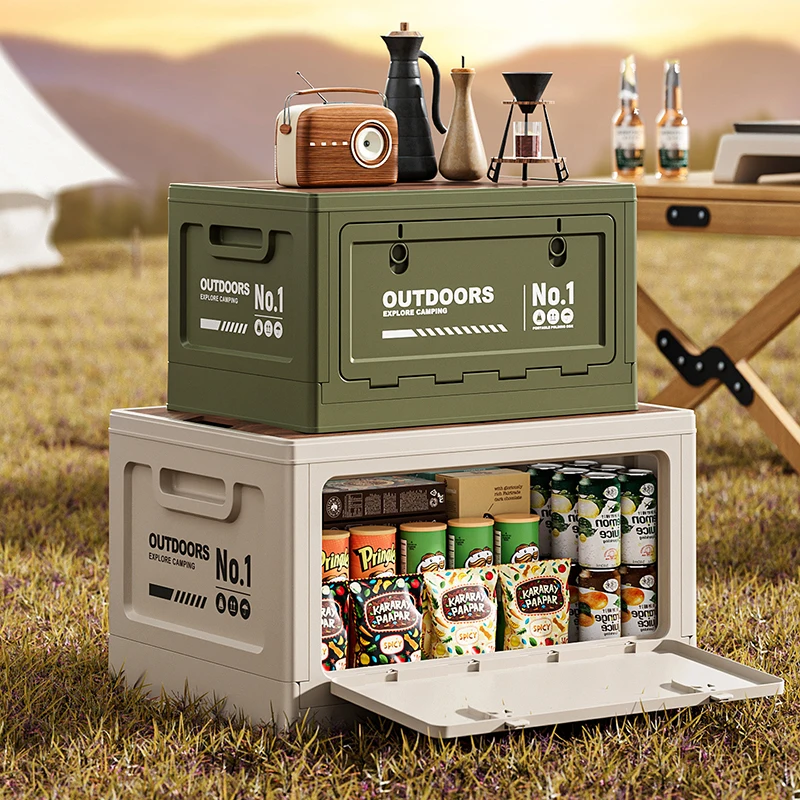 Outdoor camping revenue box - multi-functional folding vehicle storage box - large capacity wooden lid organizing box
