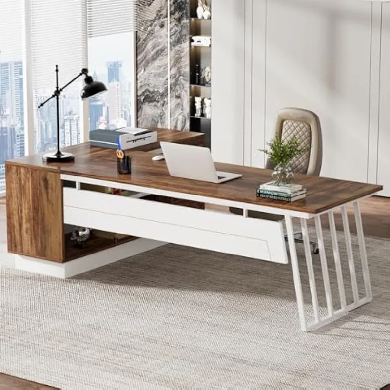 71-Inch Executive Desk, L-Shaped Desk with Cabinet, Large Office Desk with Drawers and Storage Shelves, Writing Table