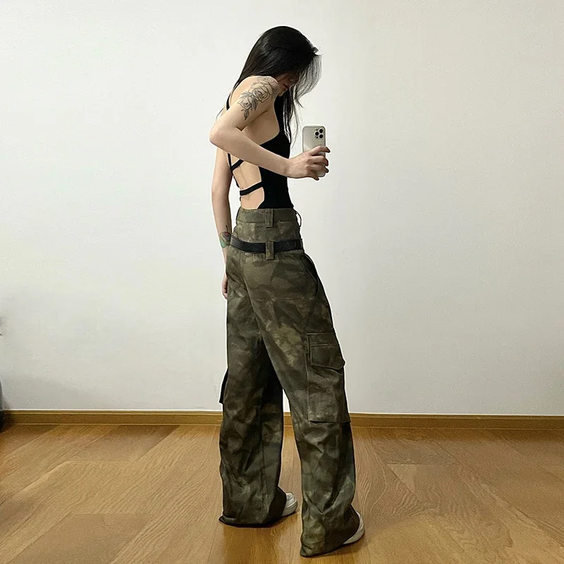 American Camouflage Cargo Pants Women Summer High Waist Loose Slim Straight Wide Leg Pants Streetwear Vintage Y2K Trousers