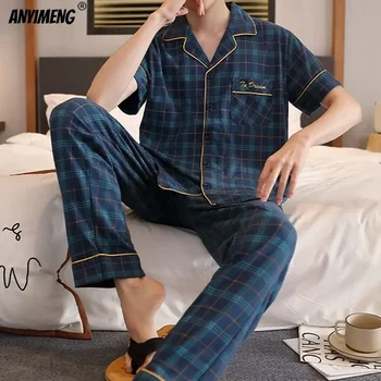 L-5XL plus size luxo masculino pijamas verão manga curta turn-down colarinho pijamas conjunto cavalheiro homewear casual algodão pijamas