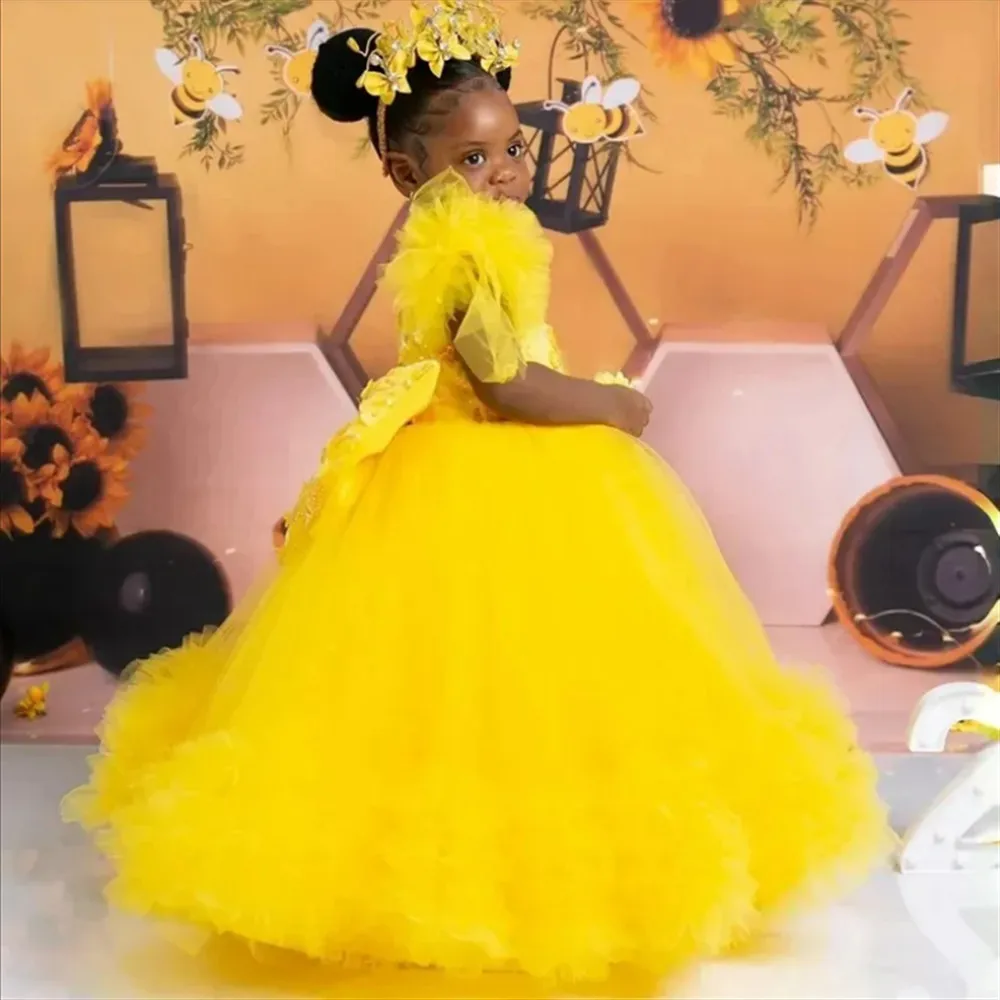 Vestido de niña de flores personalizado de lujo para boda, apliques amarillos con lazo, manga corta, vestido de comunión para graduación de cumpleaños