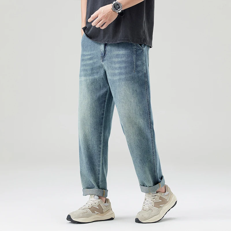 

Лето 2025 новые модные мужские джинсы с коническими 9 дюймов, свободные прямые узкие повседневные брюки, популярные мужские широкие джинсы