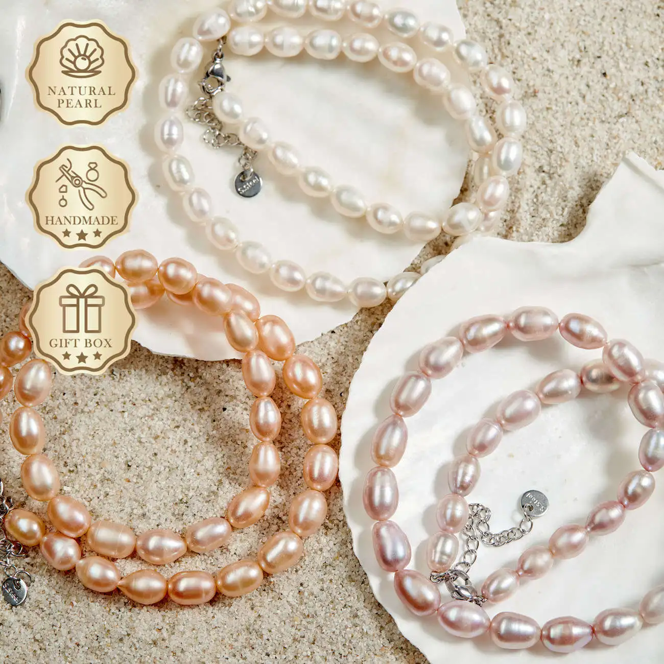 

MYSOYA White, Pink & Purple Rice Freshwater Pearl Necklace 6–7mm with Silver Extender Chain, Gift Box, Birthday/Anniversary Gift