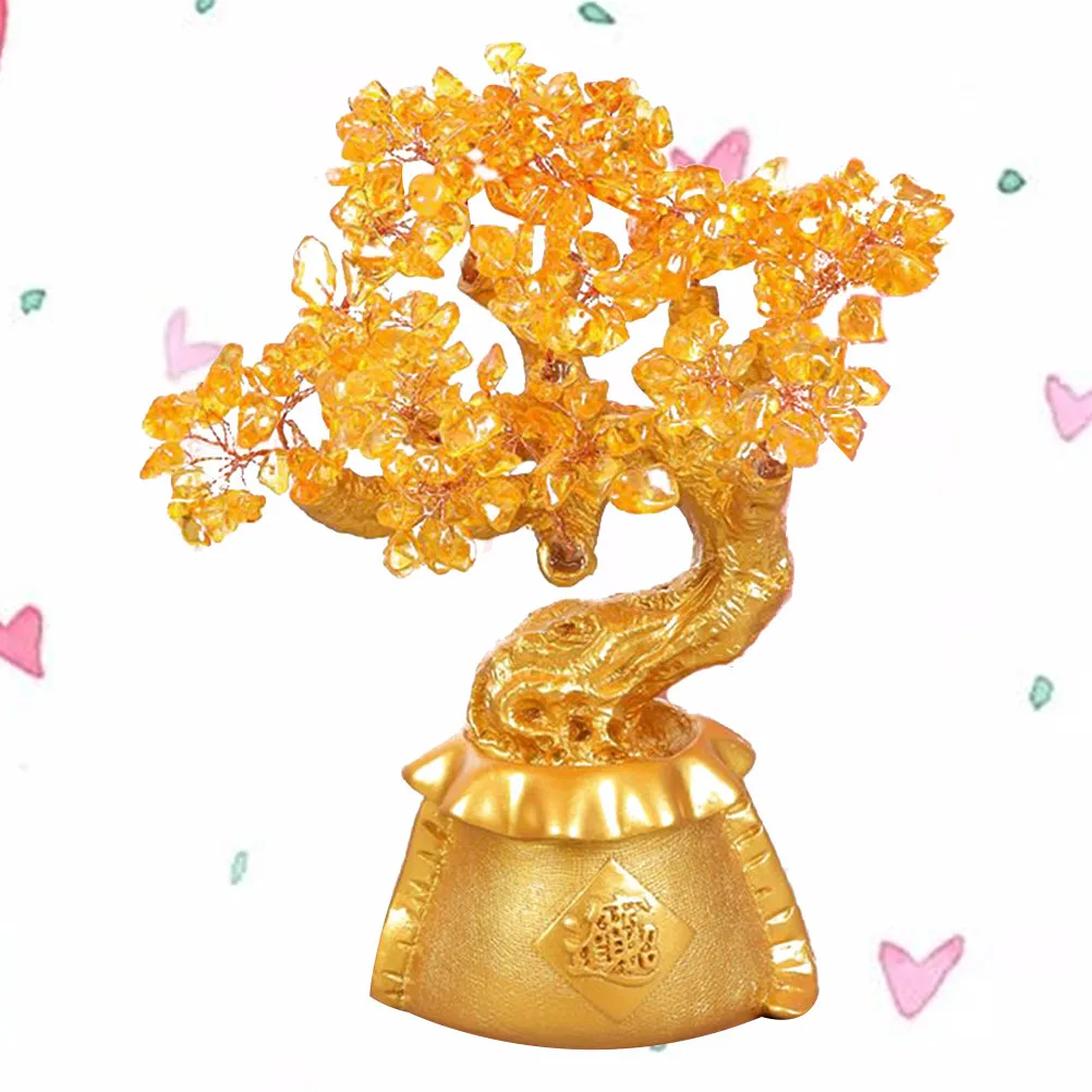 Creative Yellow Citrine Crystal Money Tree Desktop Ornament Feng Shui Tree Decoration Money Bag Symbol for Wealth Prosperity