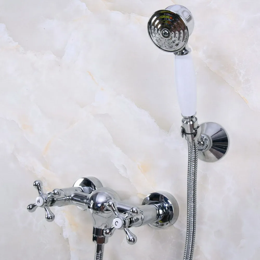 

Polished Chrome Brass Wall Mount Bathtub Faucet with Handheld Shower Set +1.5M Hose Mixer Tap 2na279