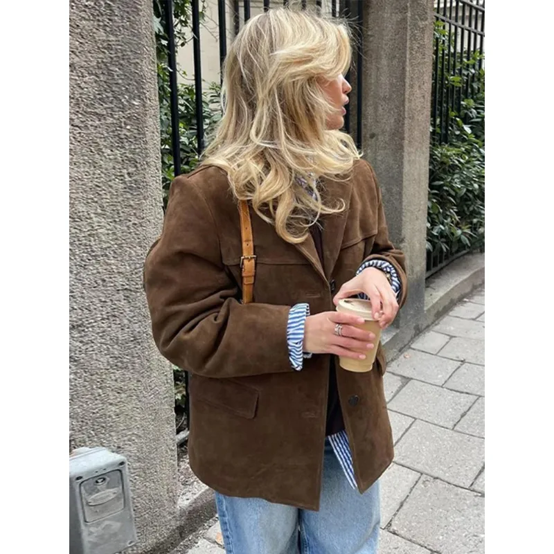 Retro Brown Button-Up Long Sleeve Jacket with Lapel, Street Style