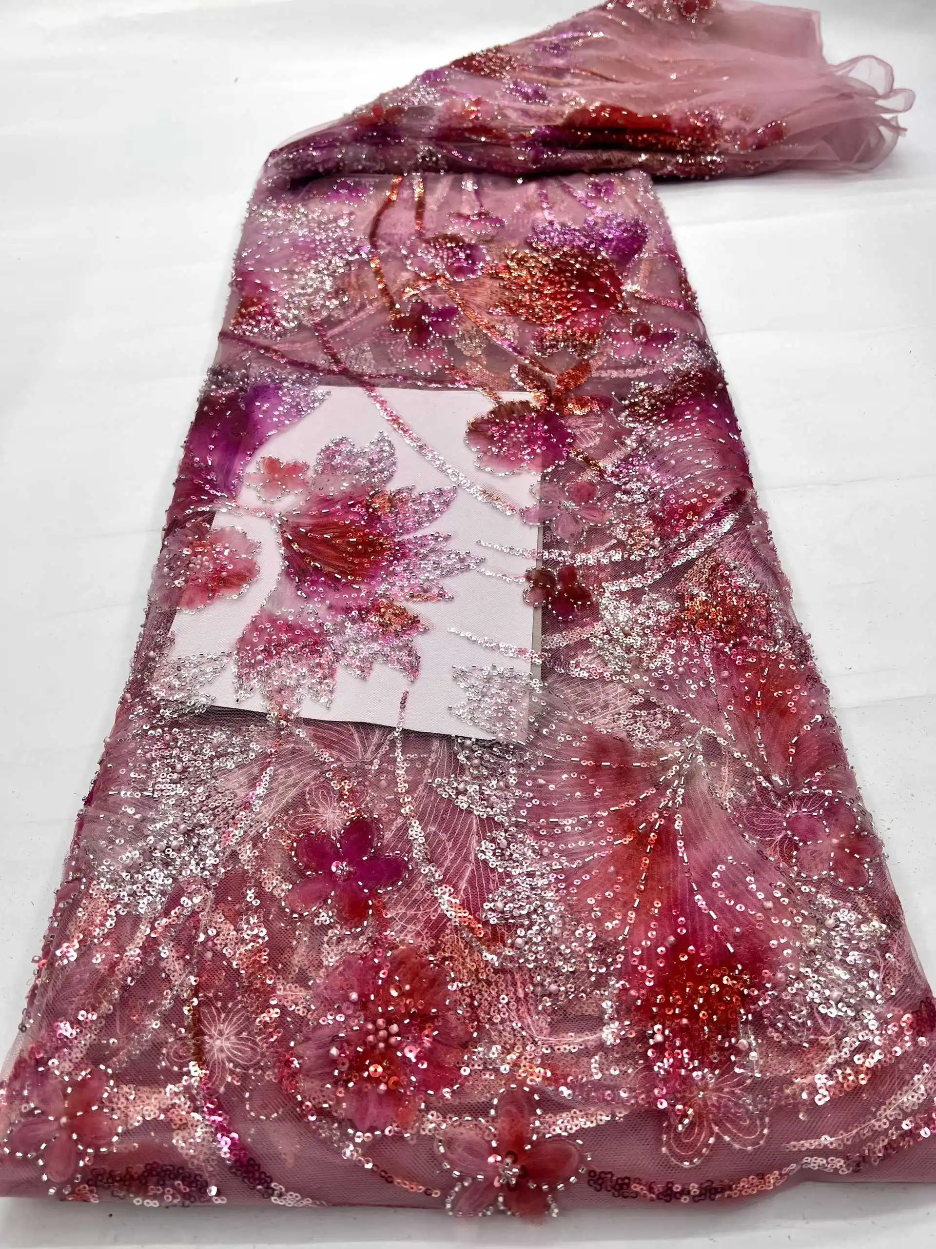 

Luxury African Fabric Lace 5 Yards Beaded Lace Sequins French Lace Fabrics Nigerian For Wedding Dress Sewing -HD