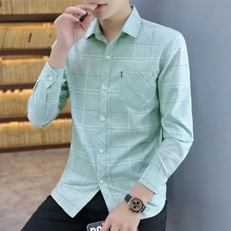 Long Sleeve Men Plaid Cootrast Color Shirt Lapel Spring Autumn Pocket All-match Chic Korean Fashion New Casual Thin Argyle Tops