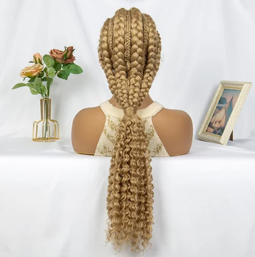 Cornrow Braided Wigs Synthetic Full Lace Cronrow Box Braids Wig Lace Front 27/613 Blonde Synthetic Curly Hair Wig for Women