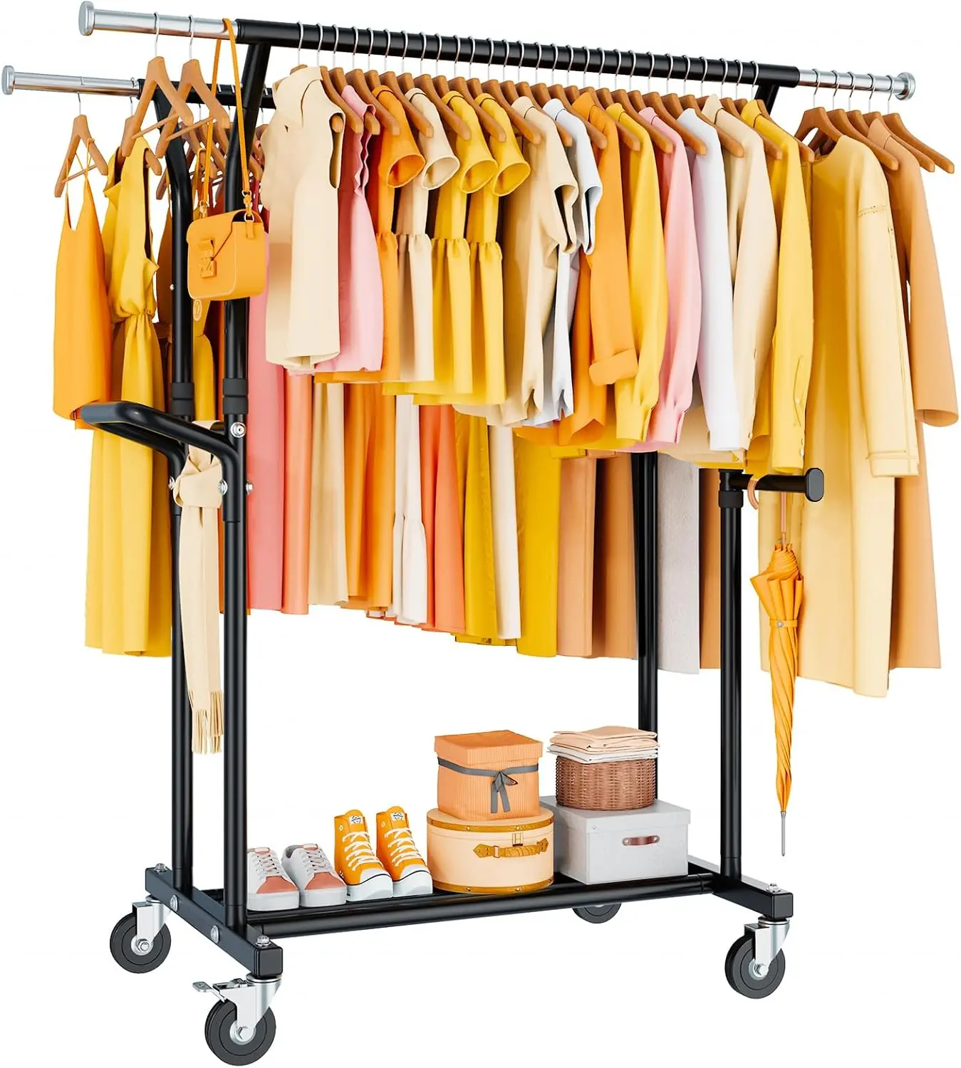 

Heavy Duty Rolling Clothes Rack with Double Rods, Shelf, Wheels - Adjustable for Bedroom Laundry Living Room (Black)