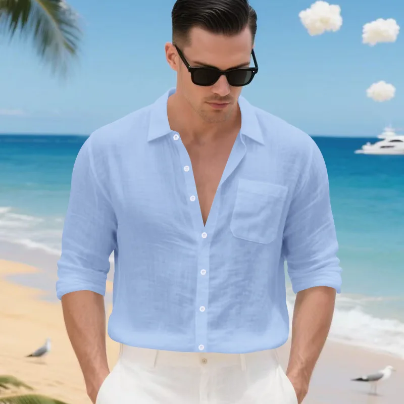 B&C Linen Shirt Men Beige Button Down Long Sleeve with Pocket Casual Beach Vacation Top Summer 2026 New