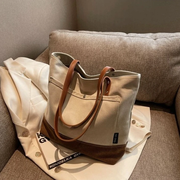 Blue Green Brown Canvas Tote Bag Women Large Capacity Shoulder Handbag PU Leather Handle Color Block Casual School Commute Bag