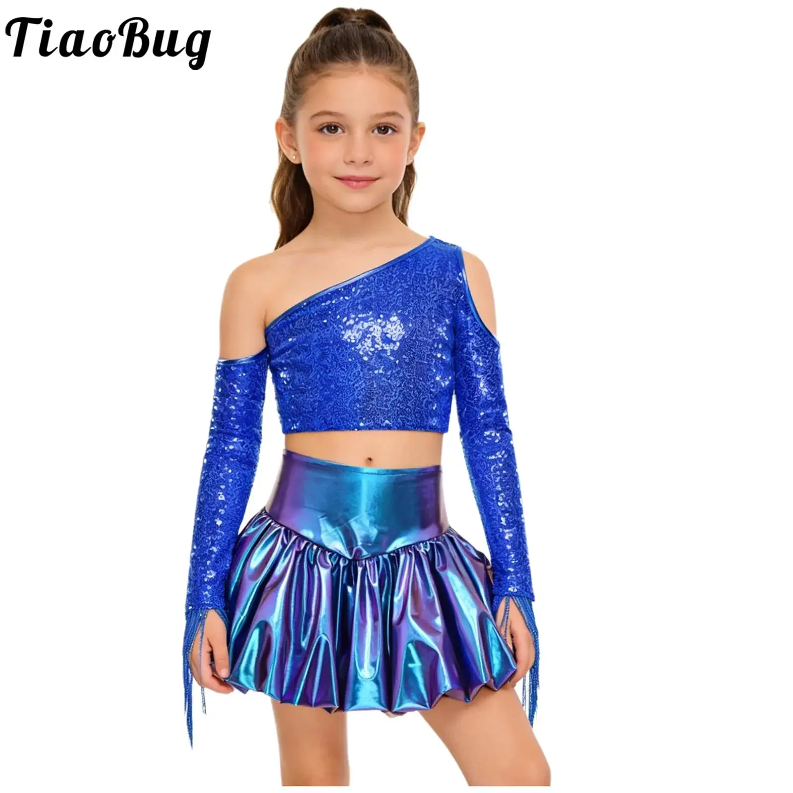 Kids Girls Metallic Shiny Jazz Hip Hop Dance Long Sleeve Tassel Crop Top with Bubble Skirt School Show Cheerleading Stage Outfit