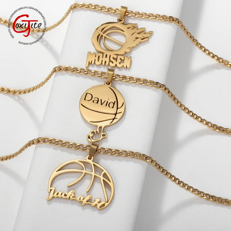 

Goxijite Customized Name Ball Shape Pendant Stainless Steel Personalized Sports Series Crown Basketball Necklace Men Boys Gift
