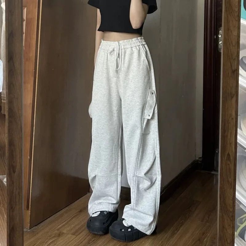 Deeptown Vintage Grey Sweatpants Woman Casual Sports America Retro Baggy Pants Korean Fashion Basic Autumn Wide Leg Trousers