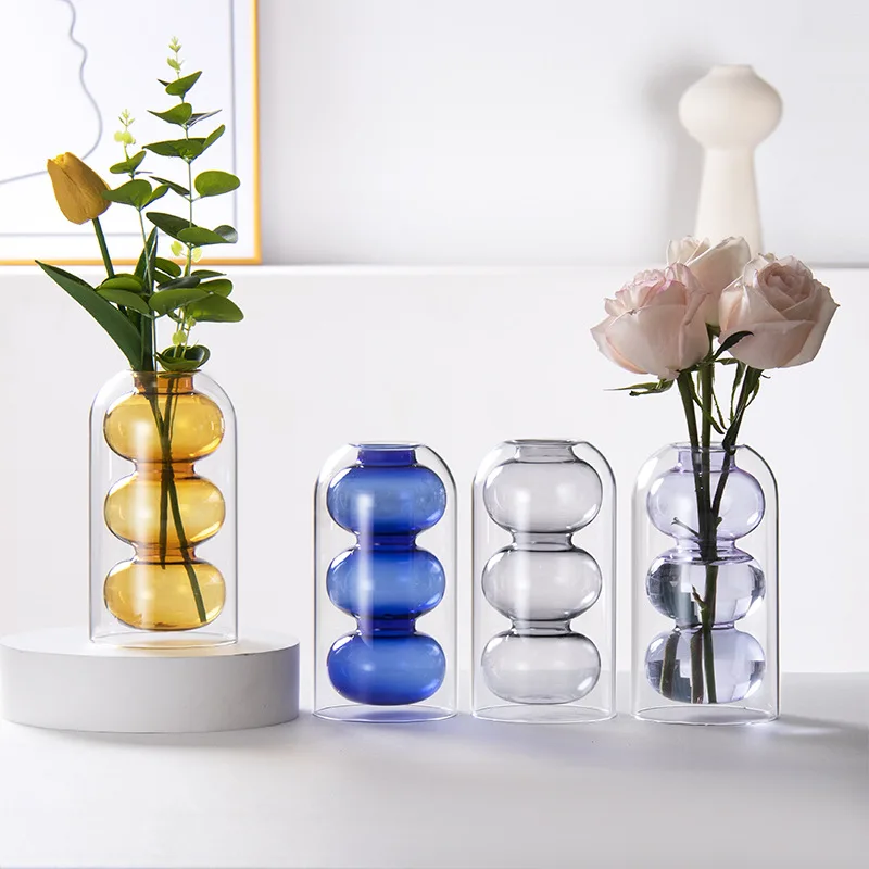 Minimalist Double-layer Glass Vase.transparent Flower Arrangement Vase For Luxury Use.hydroponic Green Plants Tabletop Ornaments