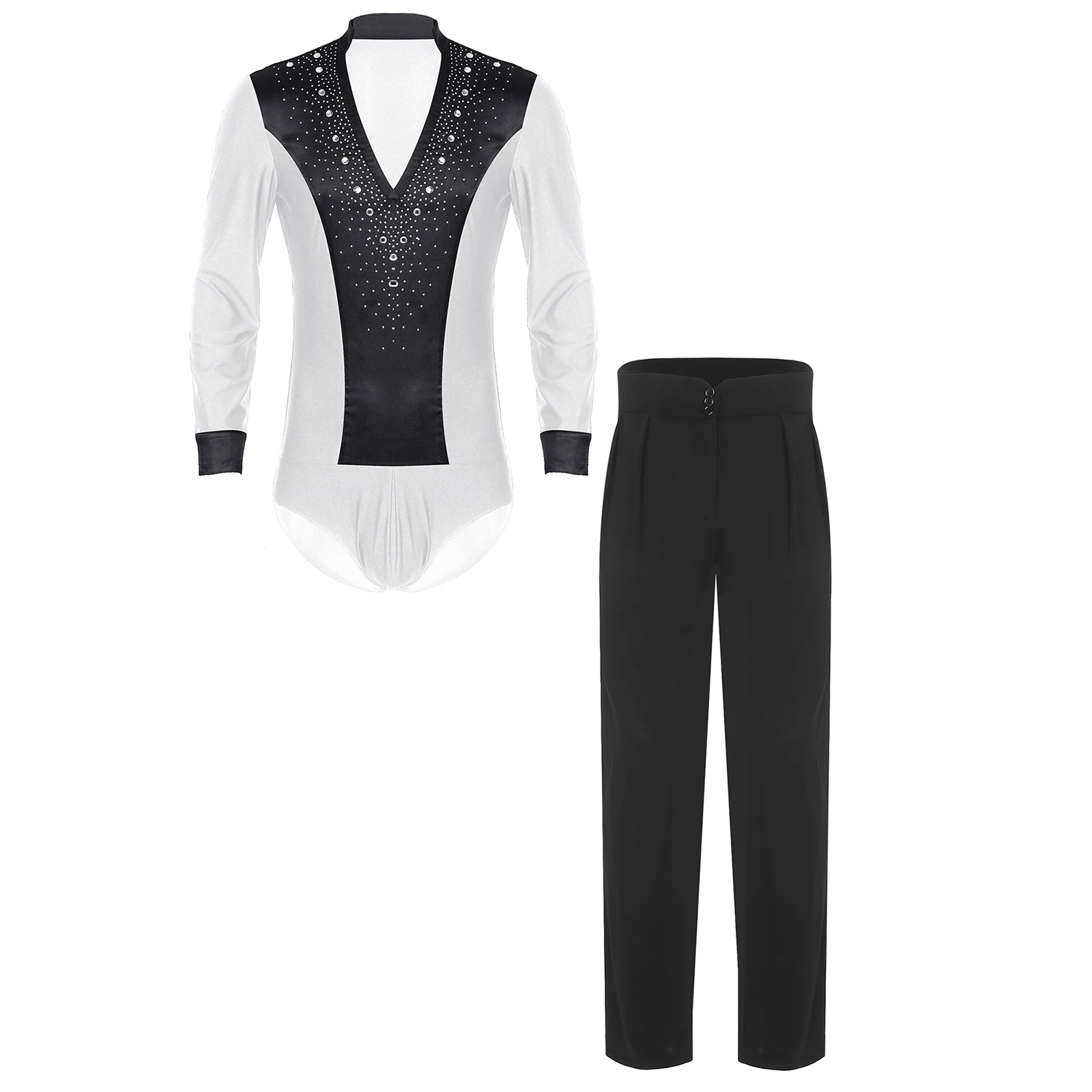 

Men Latin Chacha Dance Outfits Ballet Jazz Performance Sets Long Sleeve Rhinestones Bodysuit and Pants for Ballroom Tango Dance