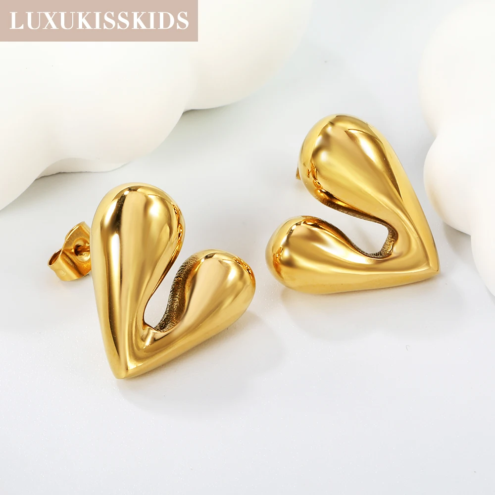 LUXUKISSKIDS Romantic Geometric Big Stud Earrings for Women Stainless Steel Texture Gold Color Waterproof Charms Wedding Party