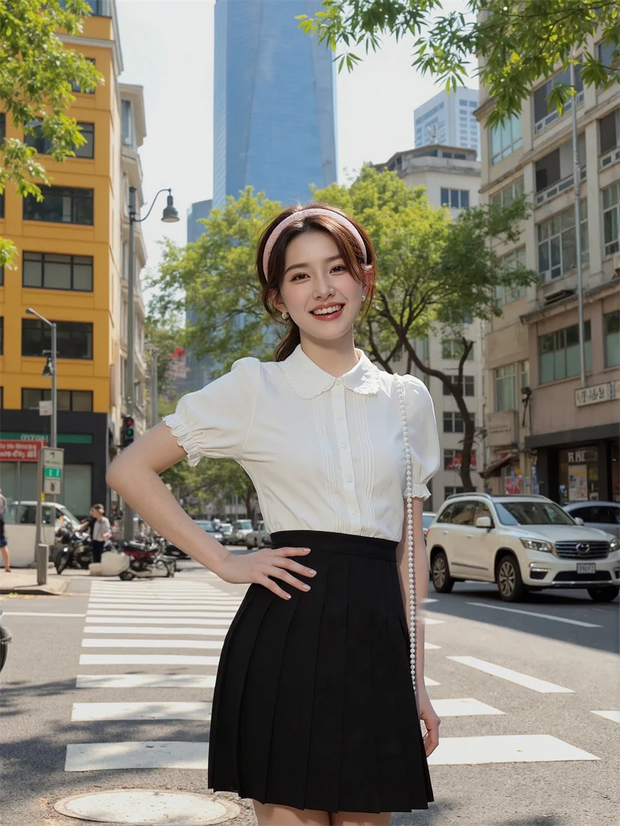 

Short Sleeve Women Shirts With Ruffles Striped Vertical Line Print Button Front Casual Simple Basic Minimalist Fashion Top