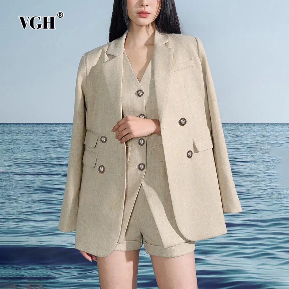 

VGH Solid Three Piece Set For Women Notched Collar Long Sleeve Blazer V Neck Sleeveless Vest High Waist Shorts Chic Sets Female