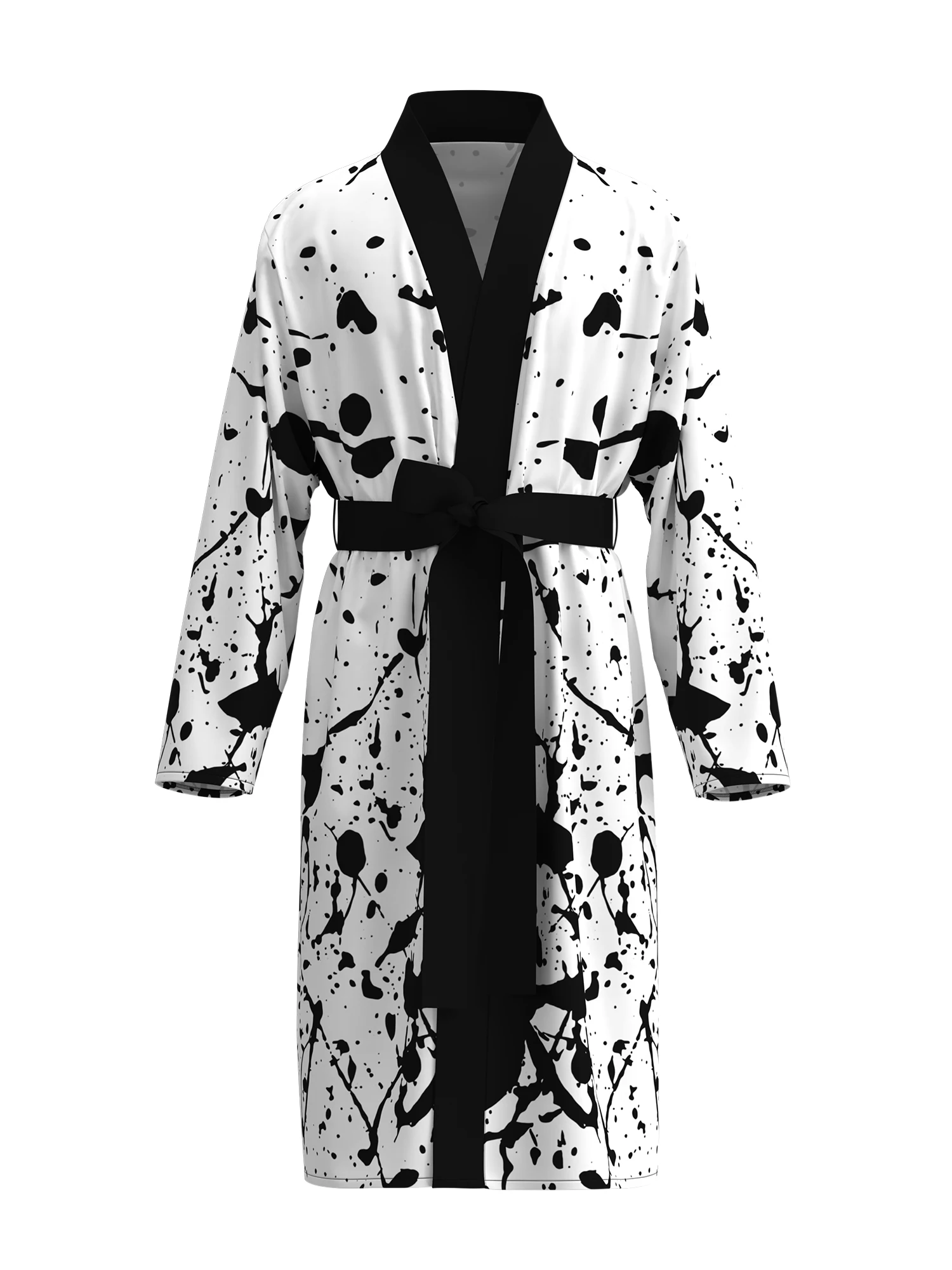 

Men's black and white splash art print kimono bathrobe, modern graffiti pattern long-sleeved home clothes, casual nightgown