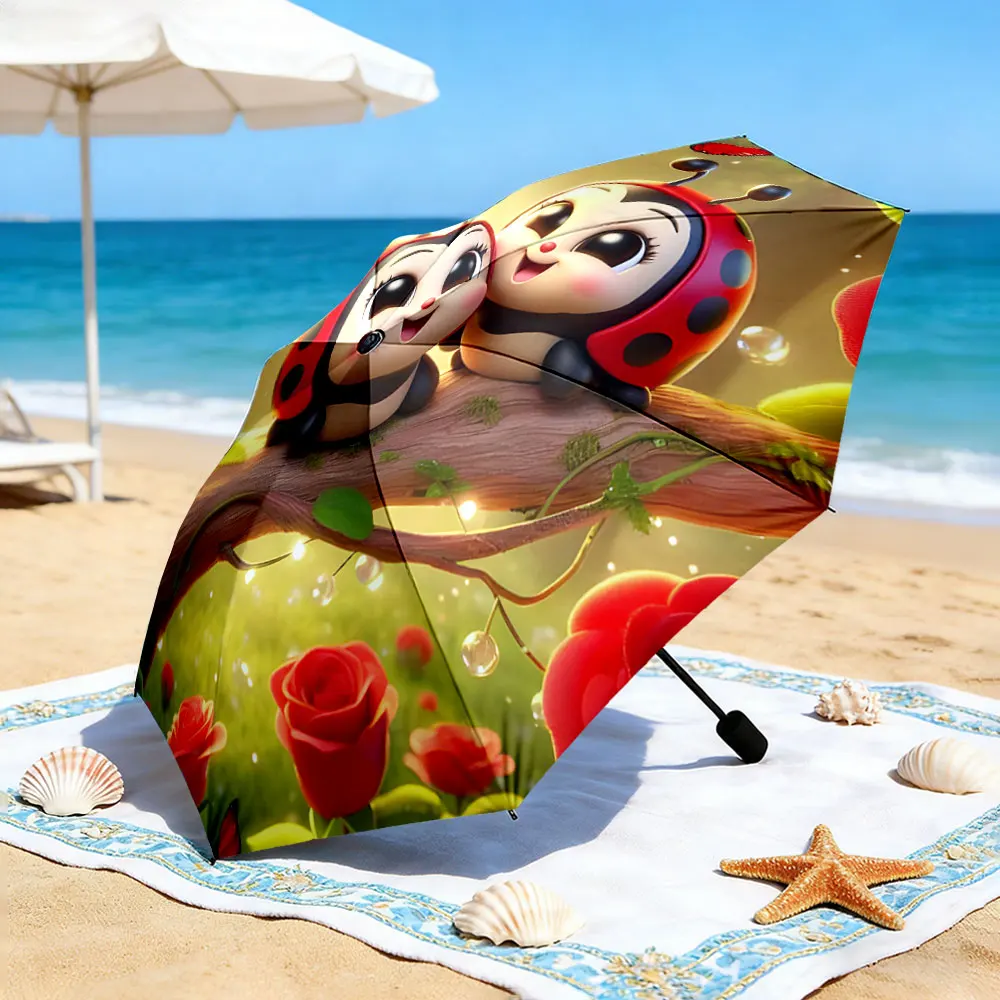 1PC Lovely Ladybugs Themed Umbrella with Nature Background Print 8 Iron Ribs Folding Umbrella Auto-Open Fashion Sunshade