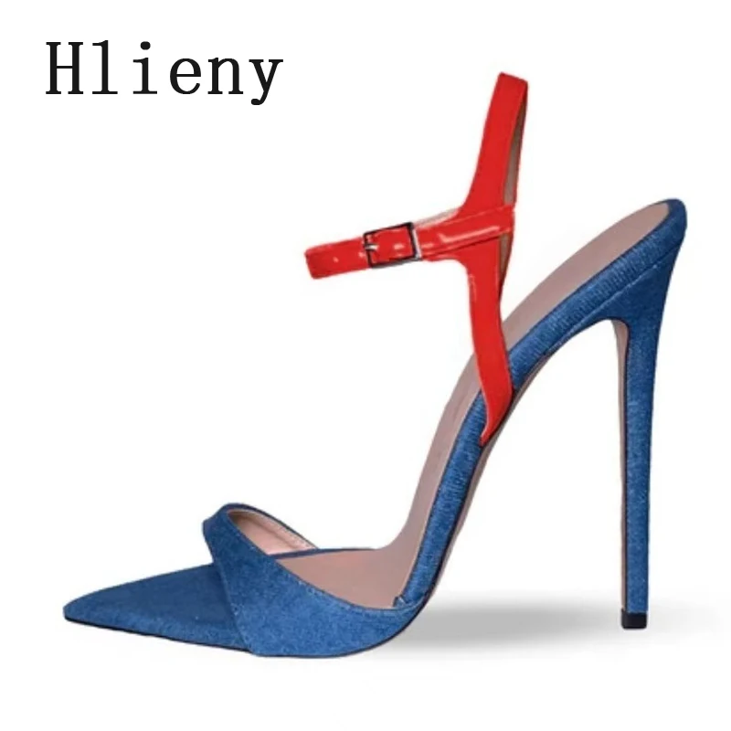 

Hlieny разноцветные джинсовые сандалии с пряжкой и ремешком, женские пикантные туфли на высоком каблуке-шпильке с острым носком, новые летние модные модельные туфли для вечеринок