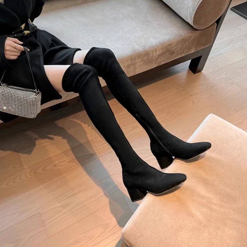 

2025 New Women's Solid Square Toe Over The Knee Boots Chunky Mid Heel Slimming Spring Autumn Work Plus Size Chic and Elegant