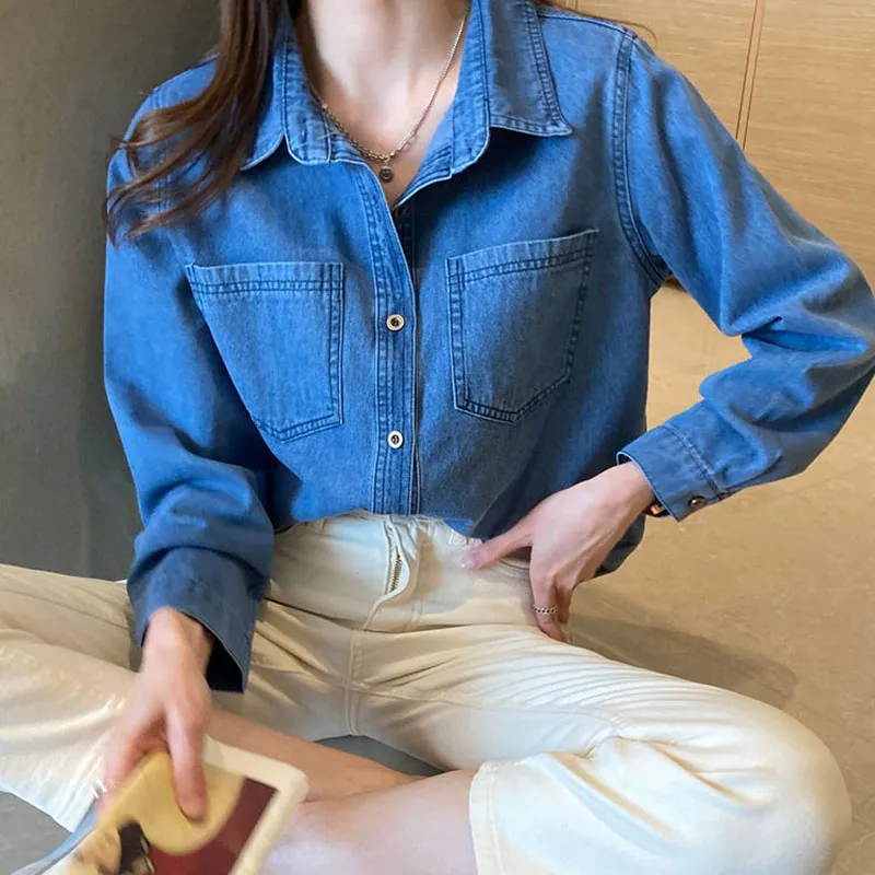 Lucyever Blue Denim Shirt Women 2023 Autumn New Single-Breasted Jeans Blouses Female Pockets Loose Fashion Lapel Cowboy Blusas