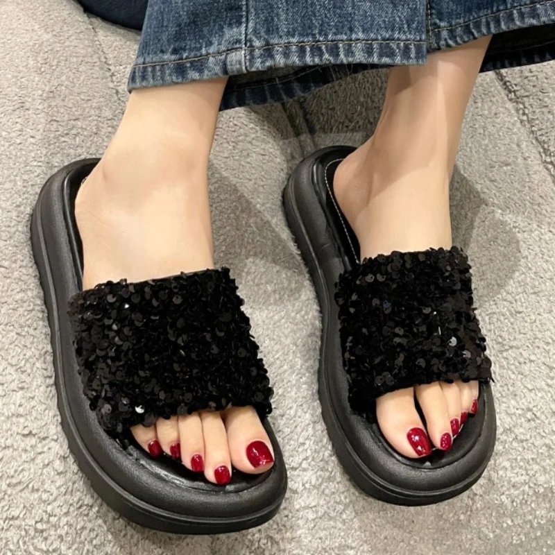 Shoes for Women 2023 High Quality Summer Women's Slippers Solid Color Sequins Water Proof  Platform Plus Size Women's Shoes