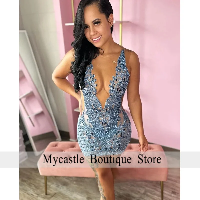 Luxury Blue Diamante Short Cocktail Prom Dress For Black Girls Glittering Sexy Crystal Beaded Beadwork Custom Vestidos De Festa