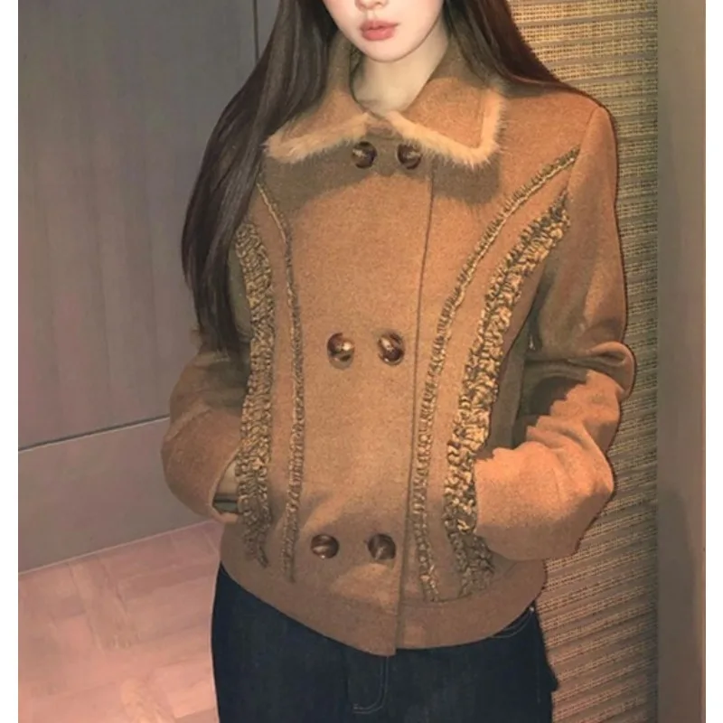 American Retro Short Fluffy Splicing Double-breasted Slim-fitting Padded Woolen Top Jacket Women