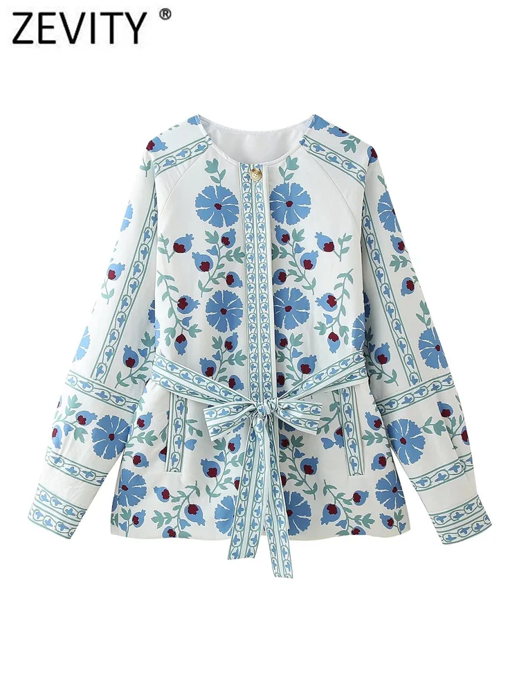 ZEVITY Women Fashion Floral Print Bow Tied Sashes Quilted Jacket Coat Female Outerwear Chic Long Sleeve Buttons Slim Tops CT6288