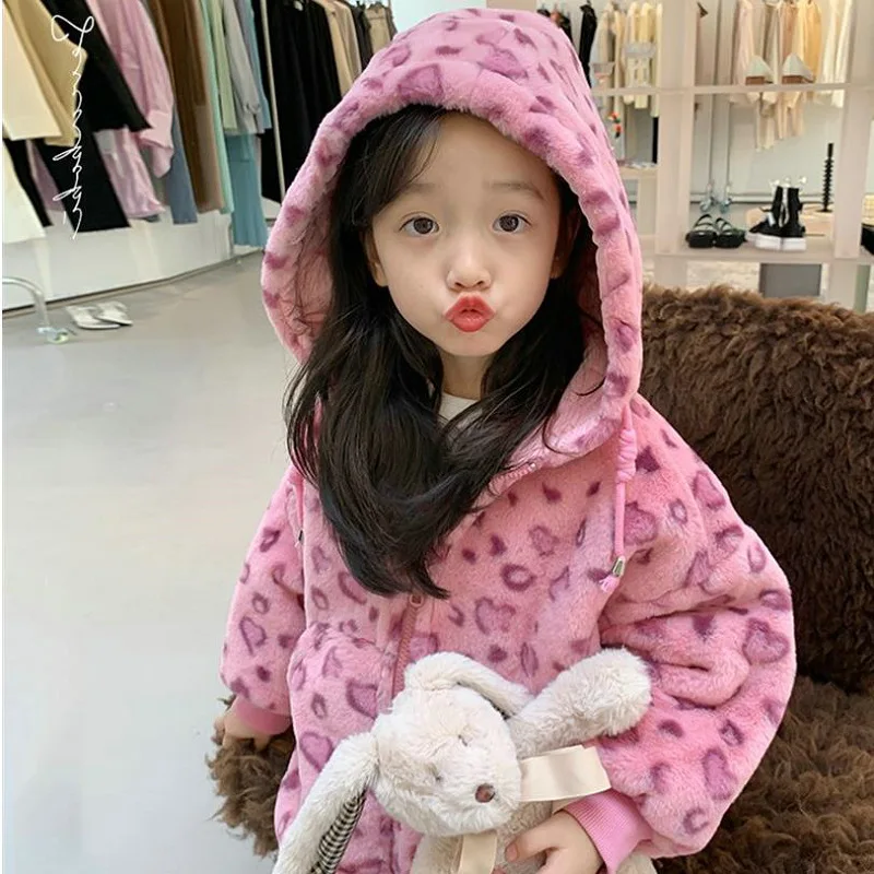 

Winter Warm Baby Girls Sweet Pink Cotton Lined Hooded Zipper Thick Fleece Puff Jackets Kids Track Coat Child Outfit Tops 2-8 Yrs